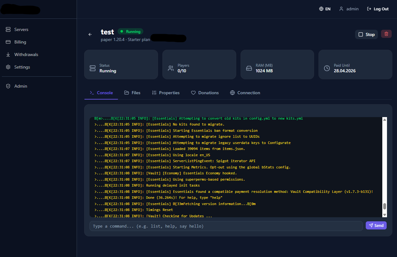 Server Console — Pterodactyl
